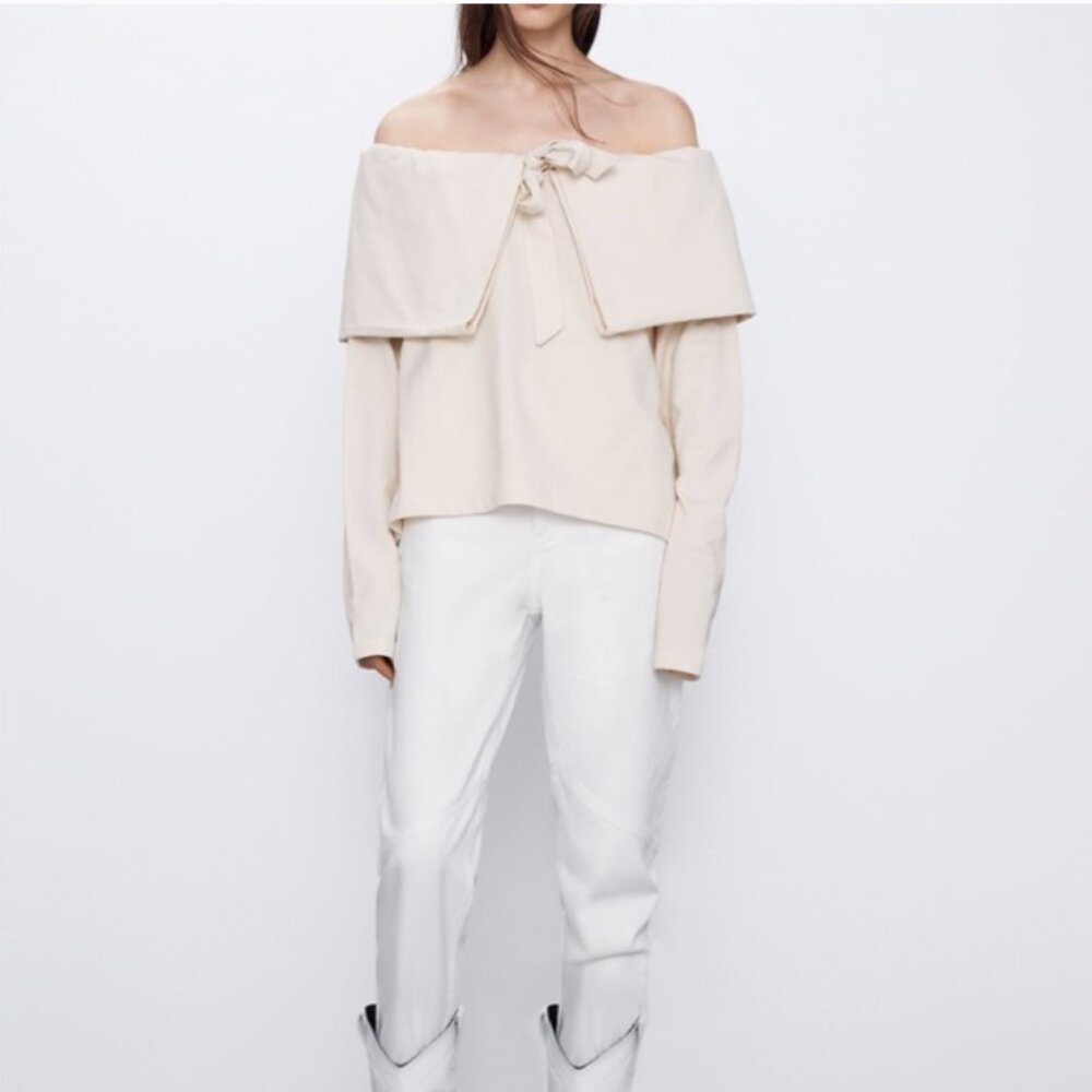 Zara off the shoulder large collared tie front top size small